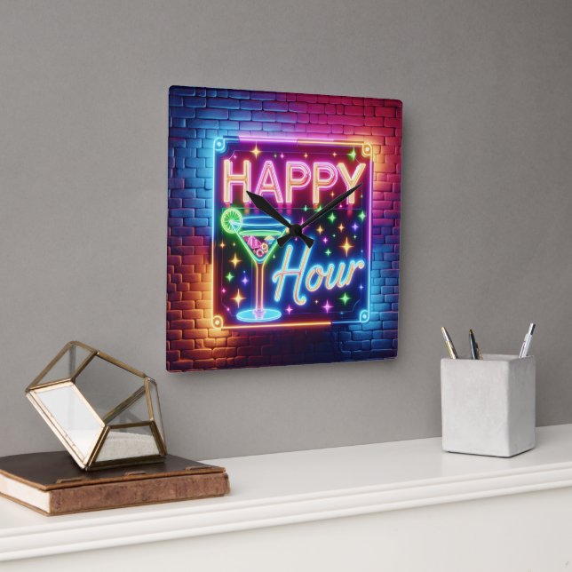 Horloge Carrée Happy Hour Sign On Rainbow Brick (Bureau)