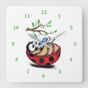 Horloge Carrée Happy Little Ladybug with Phone - Cartoon Drawing 
