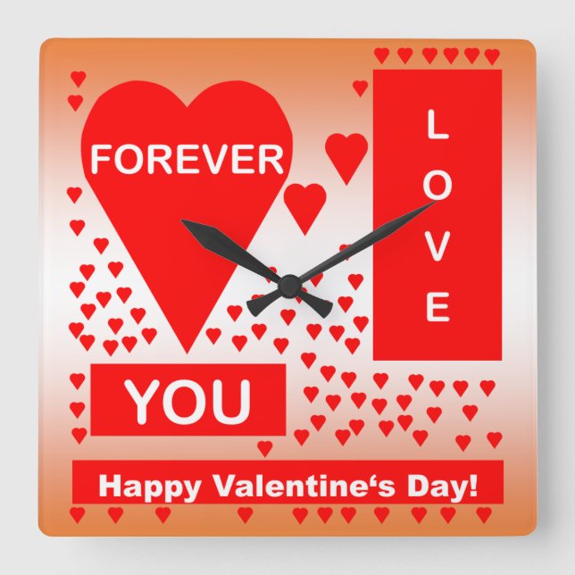 Horloge Carrée Happy Valentine's Day Text Forever Love Hearts Red (Recto)