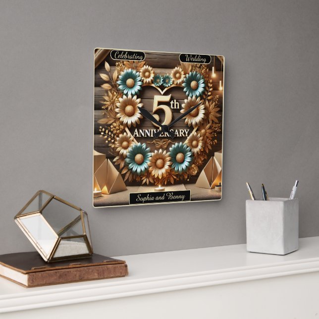 Horloge Carrée Harmonie rustique 5e anniversaire Chef-d'oeuvre fl (Bureau)