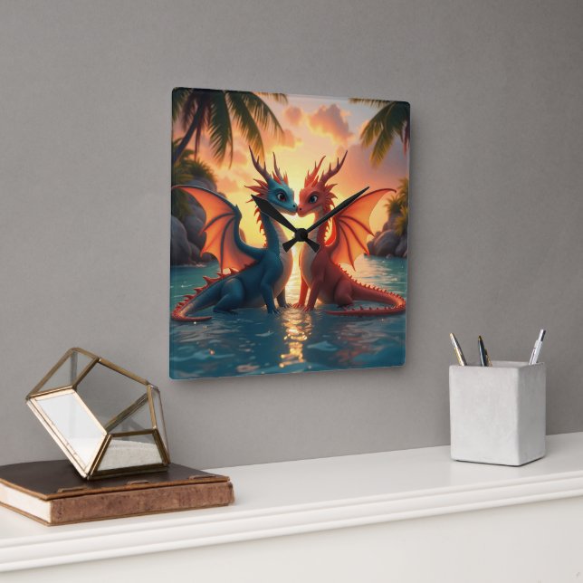 Horloge Carrée Harmony of Elements: Loving Dragons and a Sea Suns (Bureau)