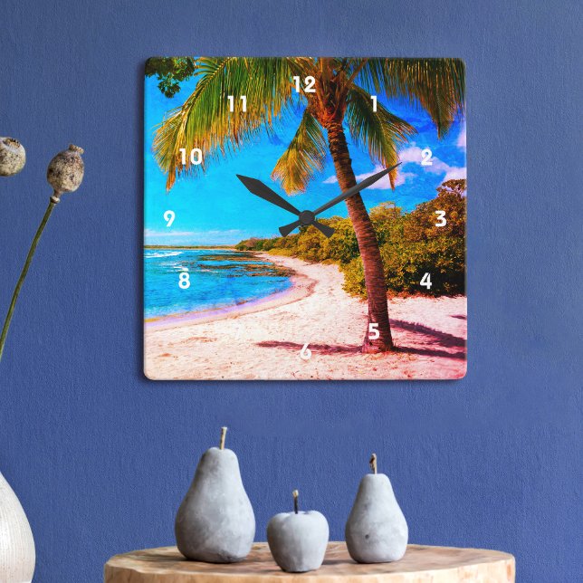 Horloge Carrée Hawaii Palm Tree Plage tropicale Regarder Vintage  (Créateur téléchargé)