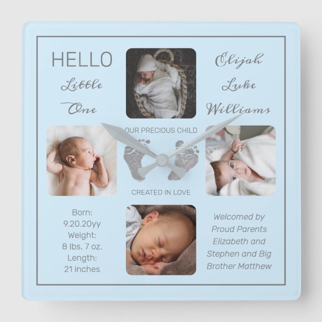 Horloge Carrée Hello Little One Baby Four Photo Square Wall Clock (Recto)