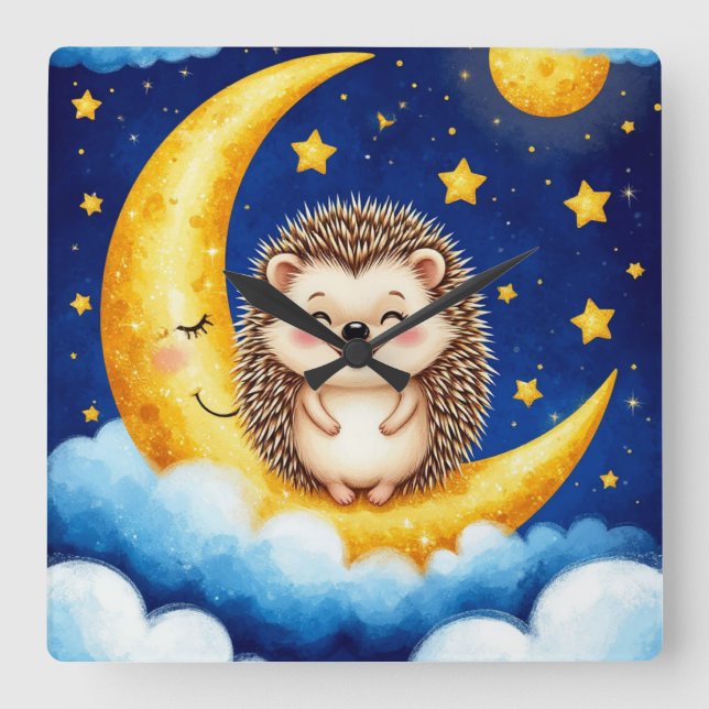 Horloge Carrée Hérisson Mignon Croissant de Lune Doré (Recto)
