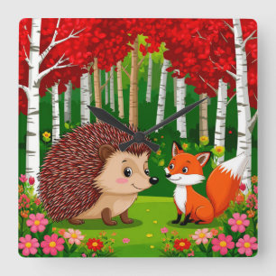Horloge Carrée Hérisson mignon et renard dans une forêt lumineuse