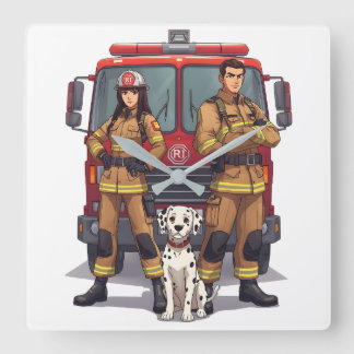 Horloge Carrée Heroic Firefighters & Dalmatian Wall Clock