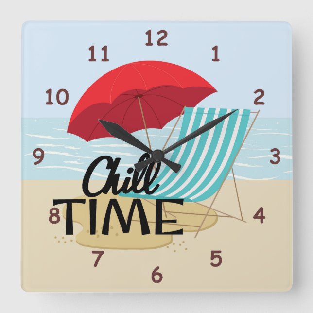 Horloge Carrée Heure de refroidissement estivale à la plage (Recto)