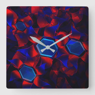 Horloge Carrée hexagone bleu mélangé avec des courbes rouges qui