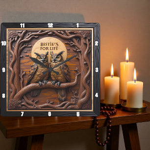 Horloge Carrée Hiboux Gravés Branche Brun Rustique