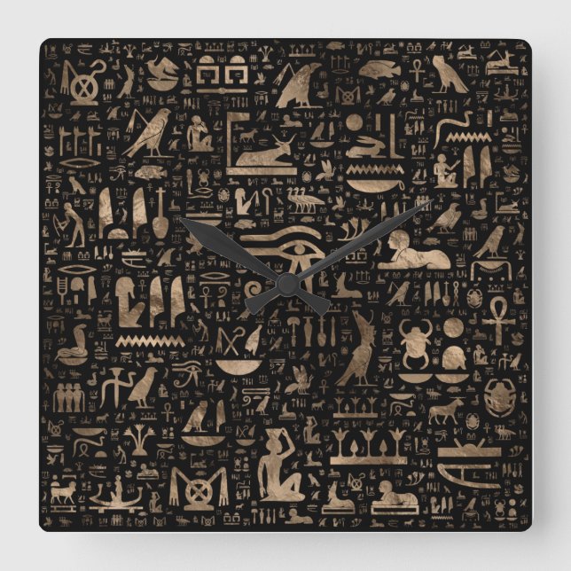 Horloge Carrée Hiéroglyphes égyptiens anciens - Noir et or (Recto)