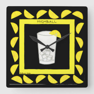 Horloge Carrée Highball Retro Boisson Cocktail Citrons jaunes Noi