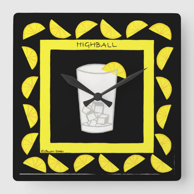 Horloge Carrée Highball Retro Boisson Cocktail Citrons jaunes Noi (Recto)