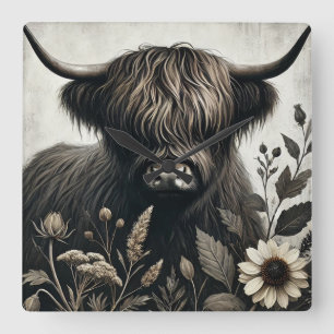 Horloge Carrée Highland Bull avec tournesol