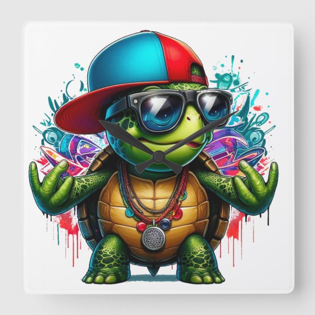 Horloge Carrée hip hop de tortue cool (Recto)