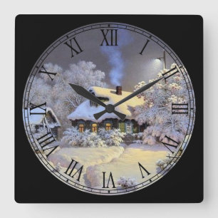 Horloge Carrée Hiver Cottage Art Fine Numéros romains