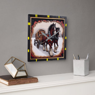 Horloge Carrée Hiver Haul : Charred Wood Clydesdale personnalisé