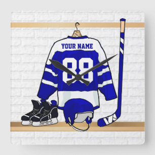 Horloge Carrée Hockey sur glace bleu et blanc personnalisé Jerse