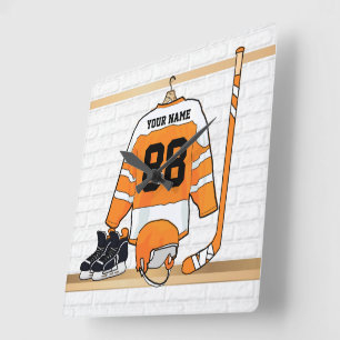 Horloge Carrée Hockey sur glace orange et blanc personnalisé