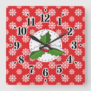 Horloge Carrée Holly Berry on Red White Snowflakes