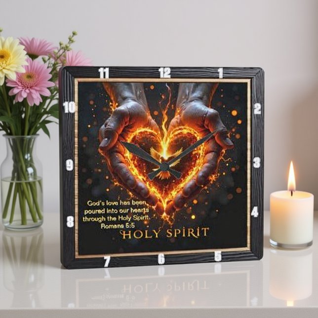 Horloge Carrée Holy Spirit Hands Flaming Heart Devotion  Romans 5 (Créateur téléchargé)