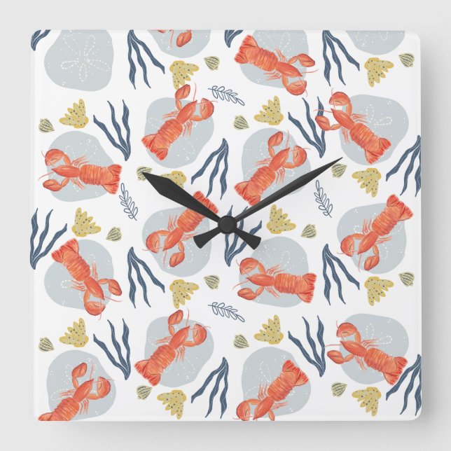 Horloge Carrée Homard à l'aquarelle Crustacés Dollars de plage de (Recto)