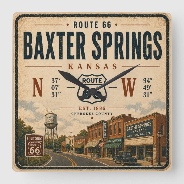 Horloge Carrée Hommage à la Route 66 de Baxter Springs (Recto)