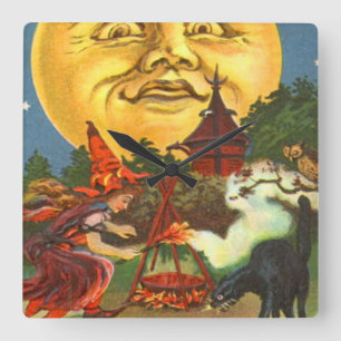 Horloge Carrée Homme Dans La Lune Chat Noir Sorcière Pleine Lune