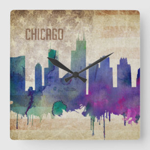 Horloge Carrée Horizon de ville d'aquarelle de Chicago, IL
