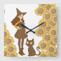 "Horloge murale fantaisiste de sorcière et chat au