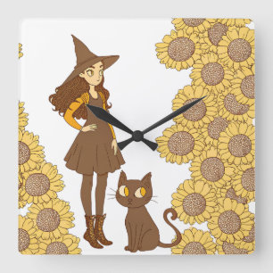 Horloge Carrée "Horloge murale fantaisiste de sorcière et chat au