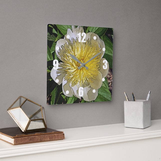 HORLOGE CARRÉE HORLOGE/ PEONY BLANC AVEC CENTRE JAUNE. (Bureau)