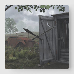 HORLOGE CARRÉE HORS MAISON ET VOITURE RUSTED CLOCK