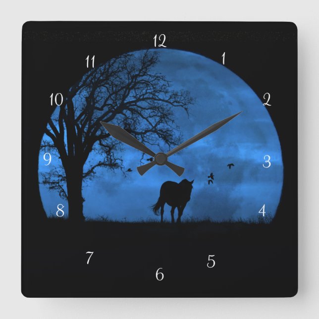 Horloge Carrée Horse and Full Moon Blue Beautiful (Recto)