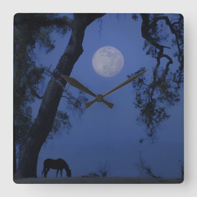 Horloge Carrée Horse and Oak Tree "Blue Moon" Clock (Recto)