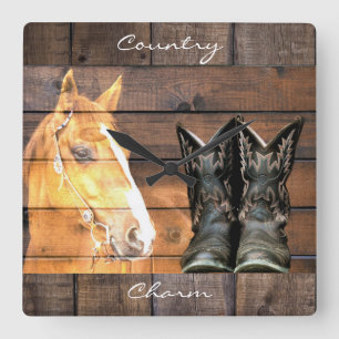 Horloge Carrée Horse Cowboy Boots Rustic Barque
