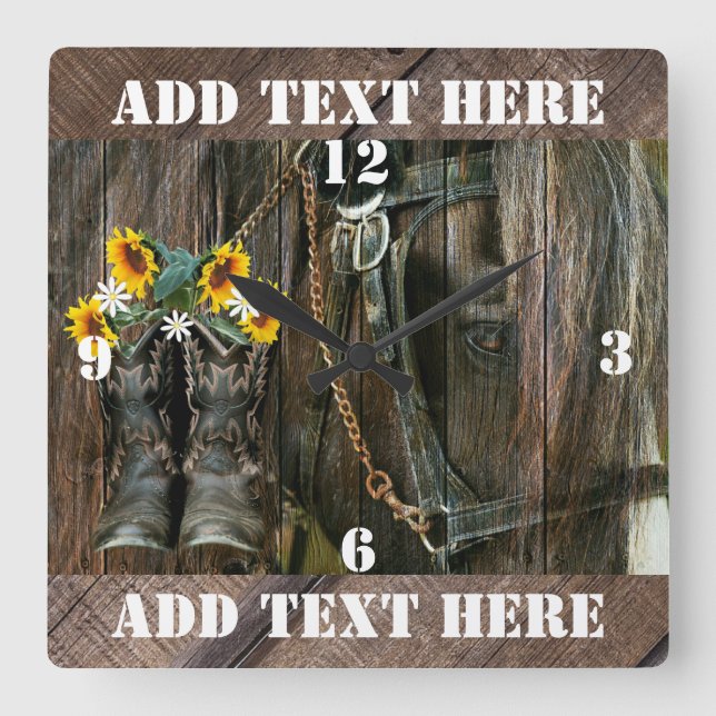 Horloge Carrée Horse Cowboy Boots Sunflowers Rustic Barque (Recto)