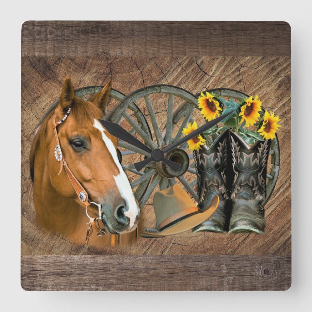 Horloge Carrée Horse Cowboy Boots Wagon Wheel Sunflowers Western (Recto)