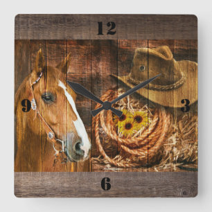 Horloge Carrée Horse Cowboy Casquette Lasso Sunflower Rustic Barq