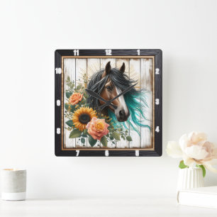 Horloge Carrée Horse Turquoise Mane Floral
