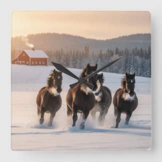 Horloge Carrée Horses galloping on a winter morning -