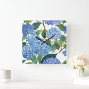 Horloge Carrée Hortensias bleus   Buisson floral magnifique