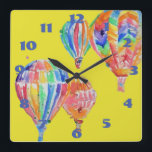 Horloge Carrée Hot Air Balloon Watercolor<br><div class="desc">Hot Air Balloon Watercolor Nursery Yellow Background Childs Room Clock. Designed from my original watercolour art.</div>