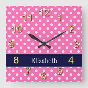 Horloge Carrée Hot Pink #2 Wht Polka Dots Navy Blue Name monogram