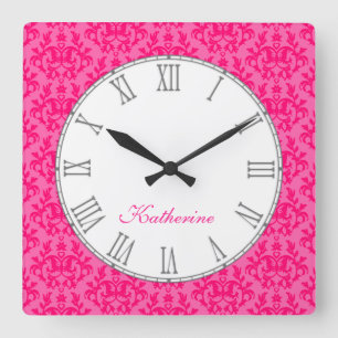 Horloge Carrée Hot pink kangaroo paw damask name wall clock
