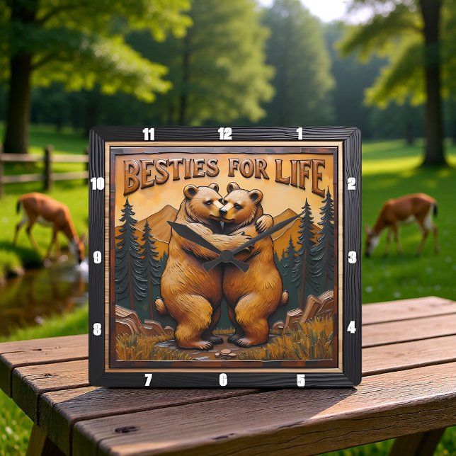 Horloge Carrée Hugging Bears Orange Mountain (Créateur téléchargé)