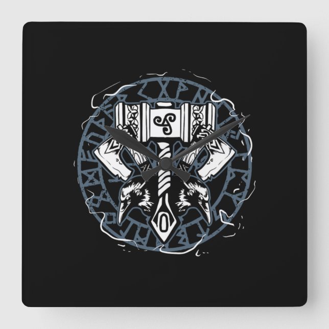 Horloge Carrée Huginn Celtique Et Muninn Raven Viking (Recto)