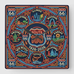 Horloge Carrée Huit États sur la Route Neon 66 Centenaire 1926-20