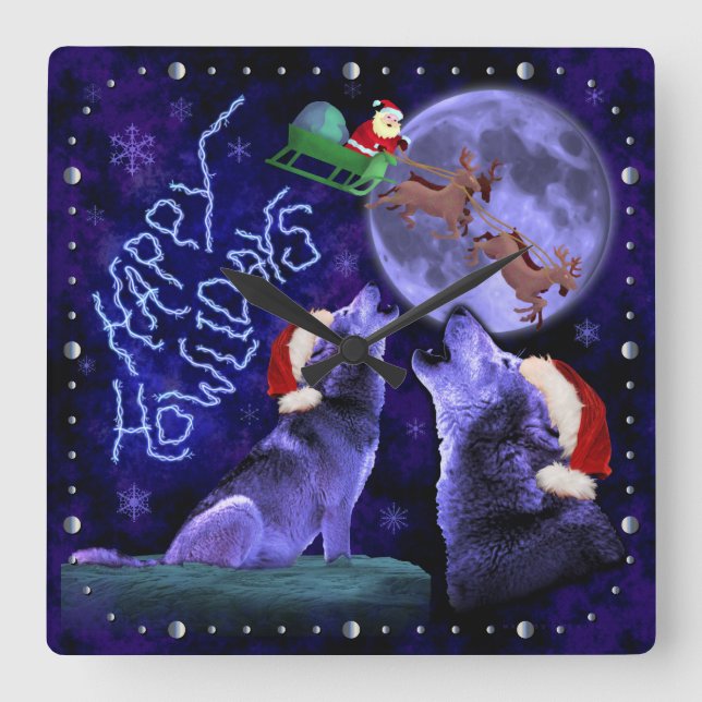 Horloge Carrée Humour animal de Noël de calembour drôle de loup (Recto)