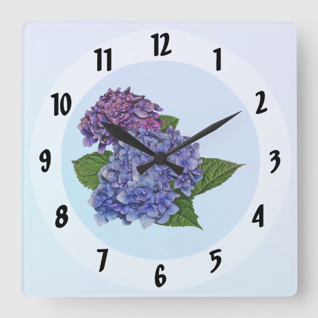 Horloge Carrée Hydrangée dans les tons violets (Recto)