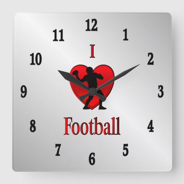 Horloge Carrée I Heart Football Nombres Noirs (Recto)